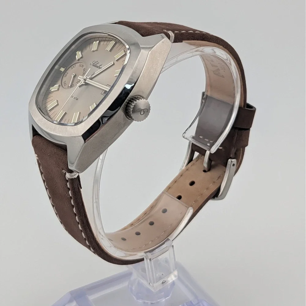 Selectron Cubic SCUB-10 Day Date Watch Taupe Sunburst 10 ATM Leather Strap Lume‎